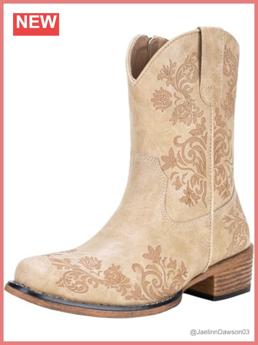 Cowgirl Ankle Booties Square Toe Low Heel Side Zip Faux Leather Tan